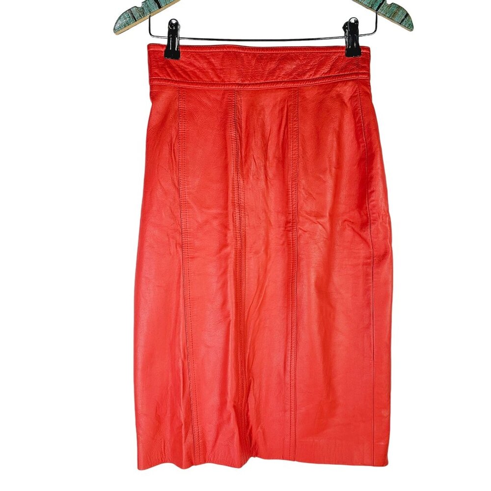Vintage 80's Laurel Long Fitted Pencil Lined Orange Leather Skirt, Sz 6